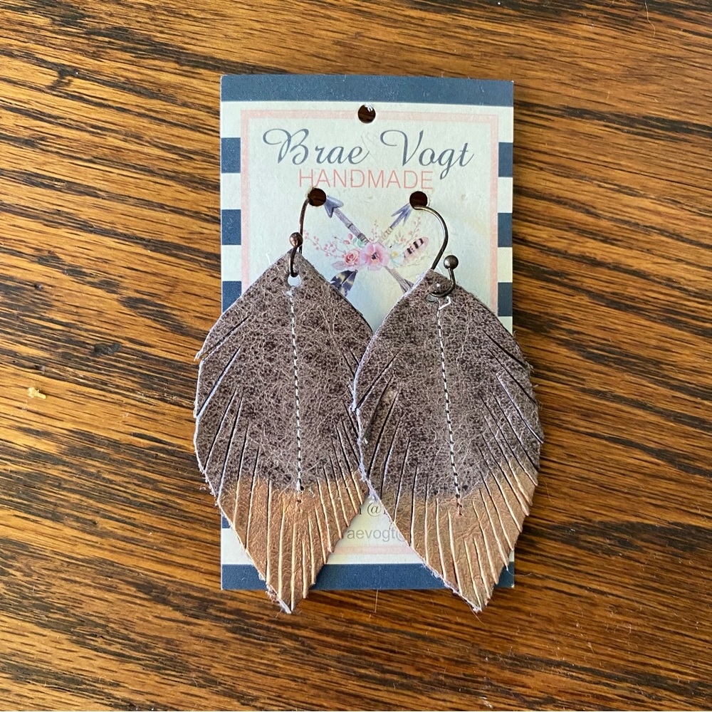 Rose gold Faux leather feather earrings